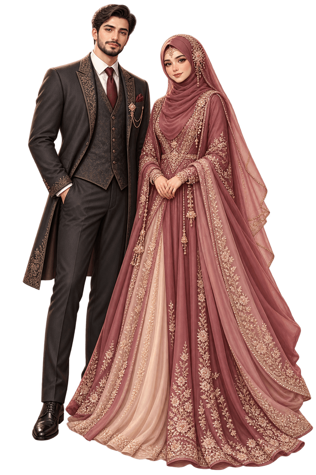 Illustrated portrait of an elegant Muslim bride and groom
